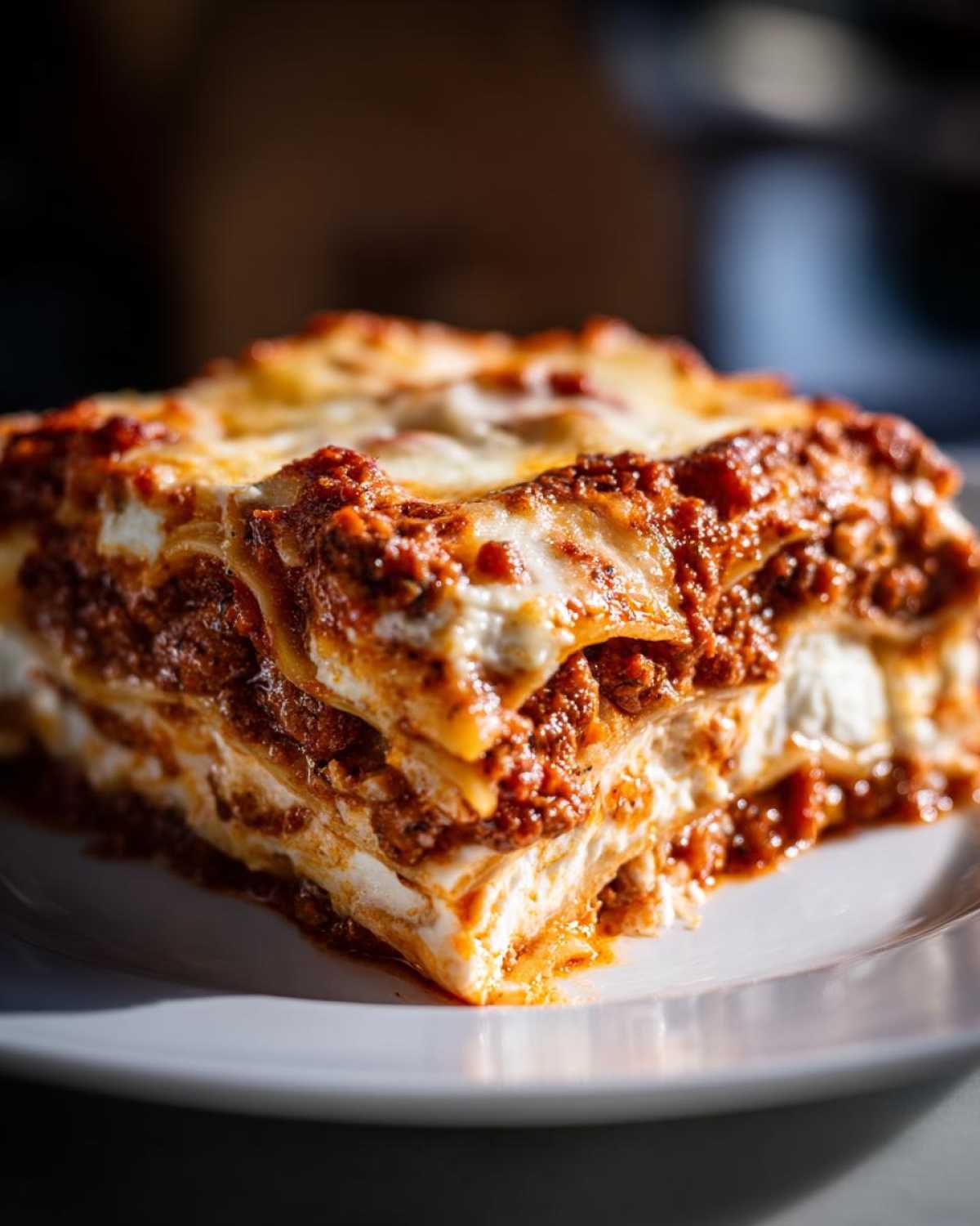 Close-up of a thick, layered slice of Lasagna with Cottage Cheese featuring rich meat sauce and melted cheese.