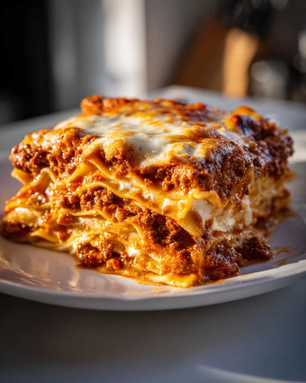 Close-up of a rich, layered slice of Lasagna with Cottage Cheese, covered in meat sauce and melted cheese.