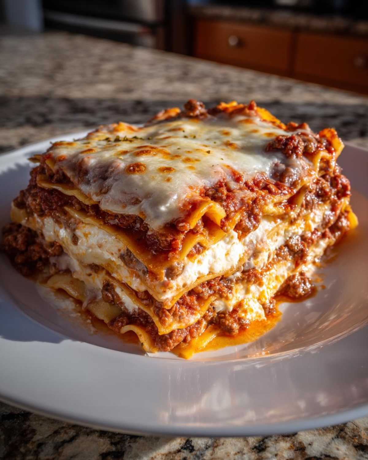 A thick, layered slice of Lasagna with Cottage Cheese, rich meat sauce, and melted mozzarella cheese on top.