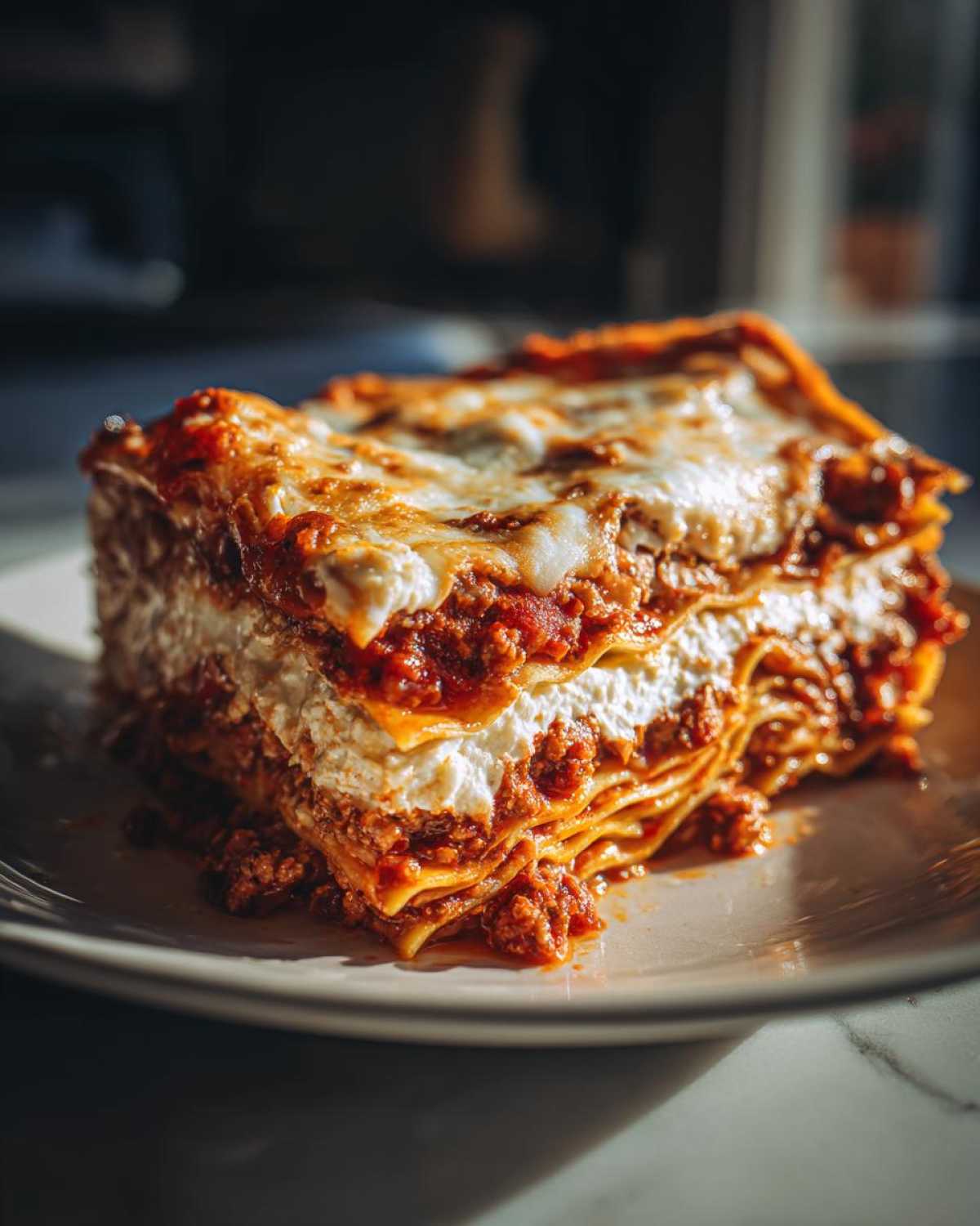 Close-up of a hearty slice of lasagna with cottage cheese, rich meat sauce, and melted cheese topping.