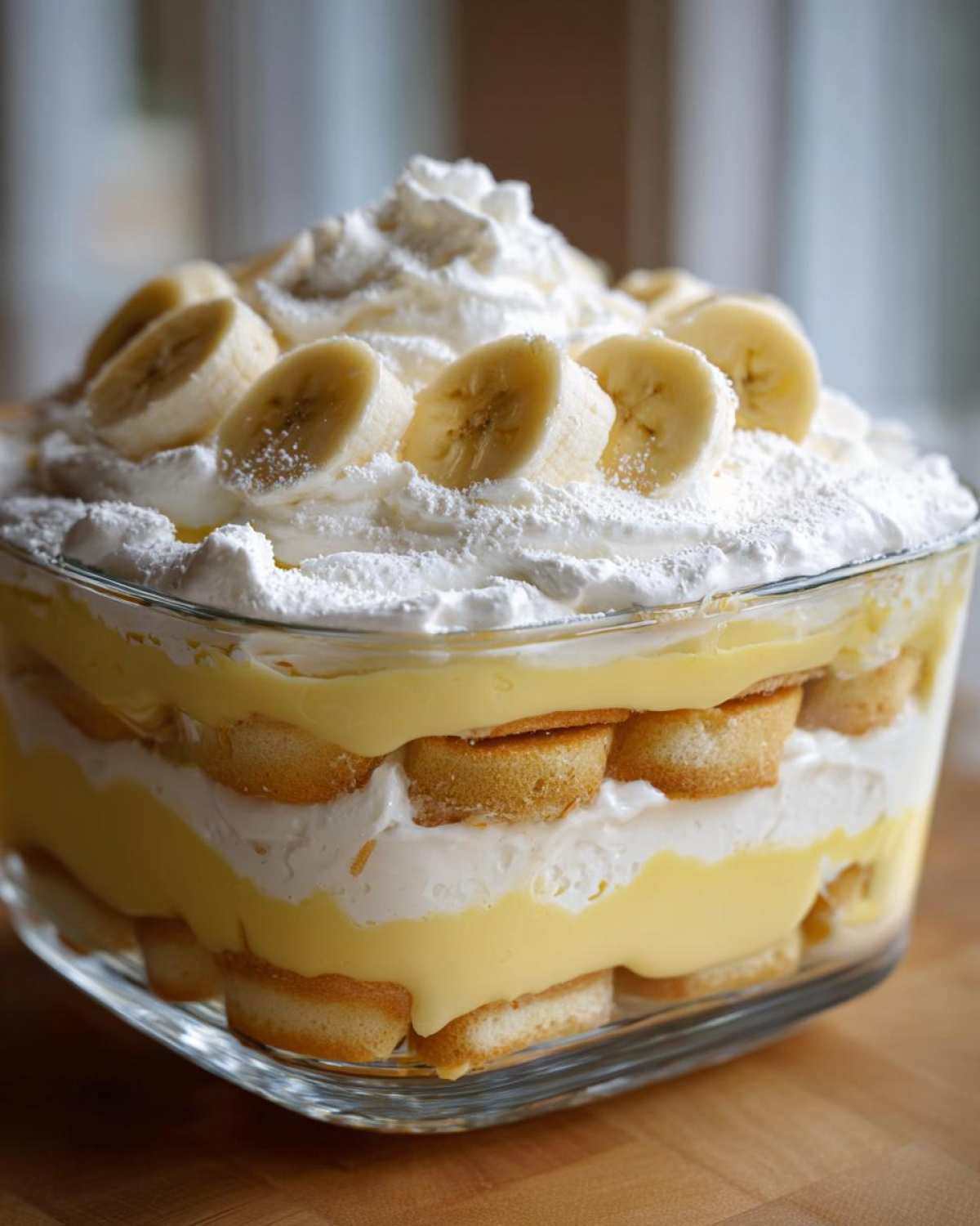 Close-up of layered banana pudding with vanilla wafers, custard, whipped cream, and fresh banana slices on top.