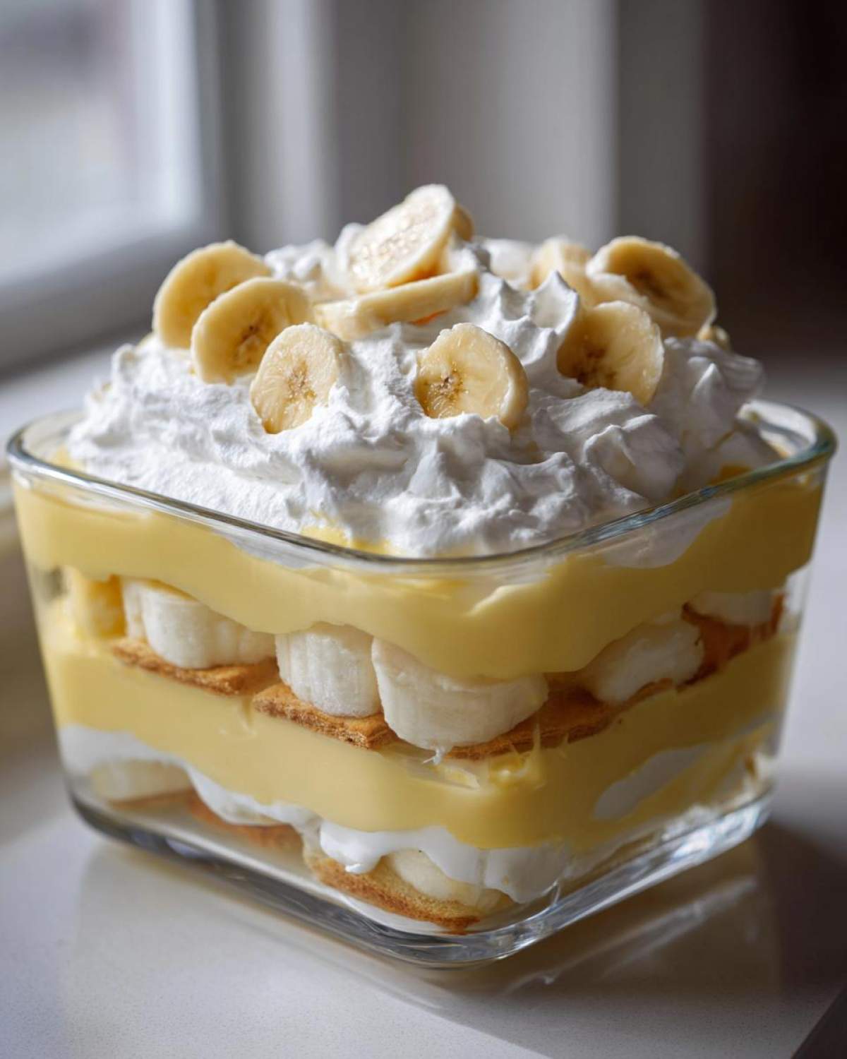 Close-up of a layered banana pudding dessert topped with whipped cream and fresh banana slices.