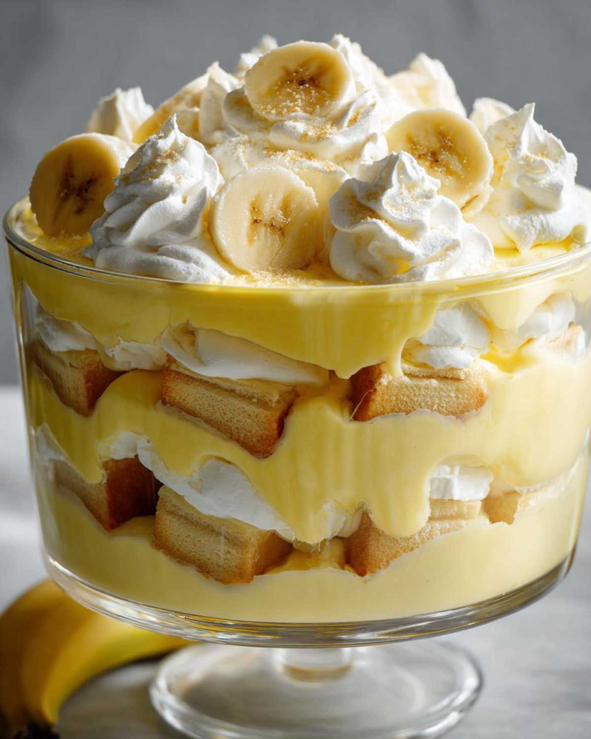 Close-up of a large glass trifle bowl filled with creamy banana pudding, vanilla wafers, and topped with whipped cream and fresh banana slices.