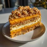 A tall slice of layered pumpkin crunch dessert with orange pumpkin filling, white cream layer, and crumbly topping.