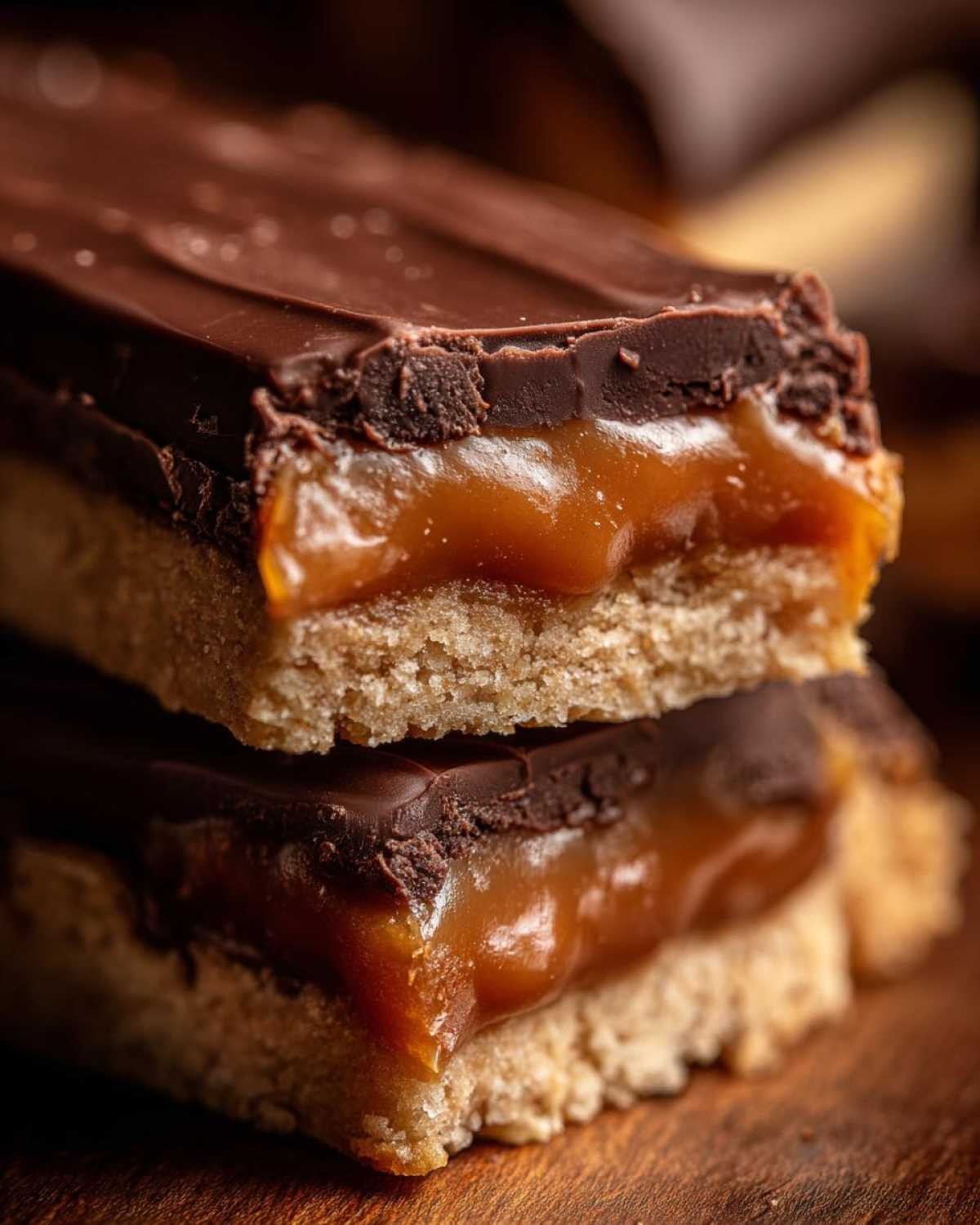 Close-up of two stacked twix cookies bars showing the shortbread base, gooey caramel, and chocolate topping.