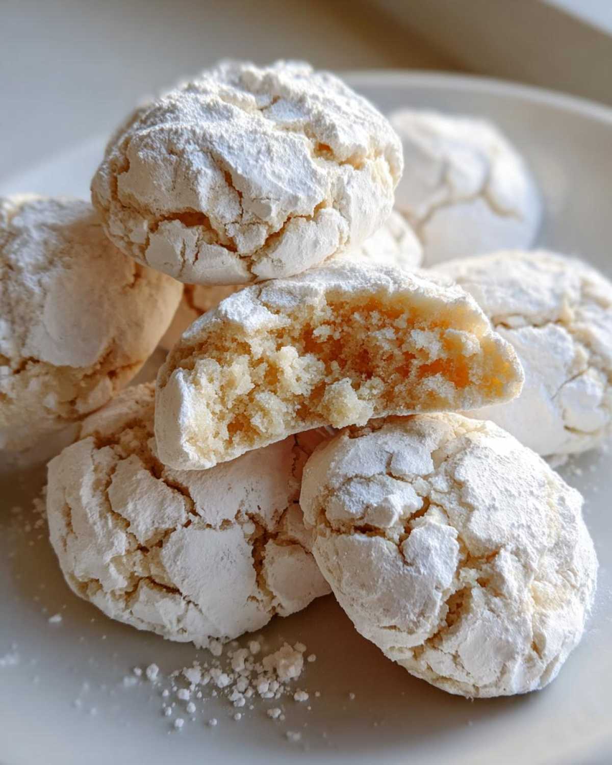 A stack of soft, powdered lemon crinkle cookies, with one cookie broken open to show the chewy interior.