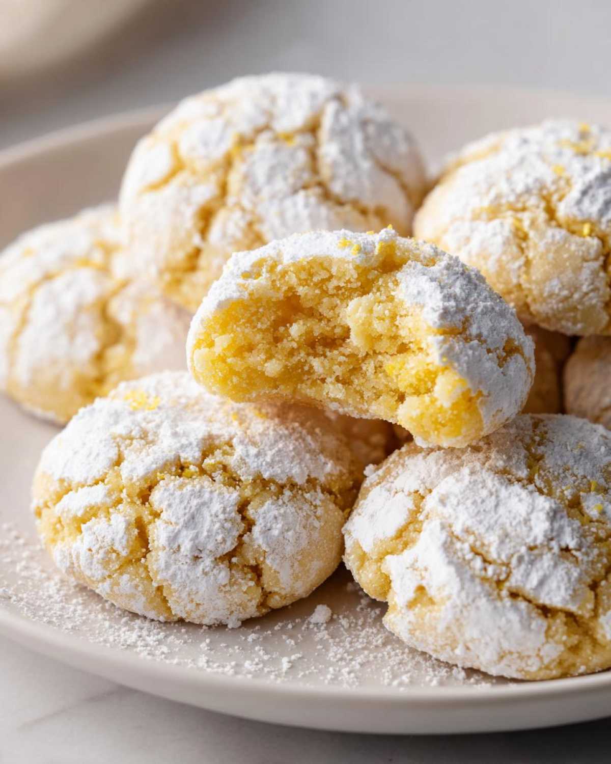 A stack of soft, bright yellow lemon crinkle cookies heavily dusted with powdered sugar, one cookie is broken open.