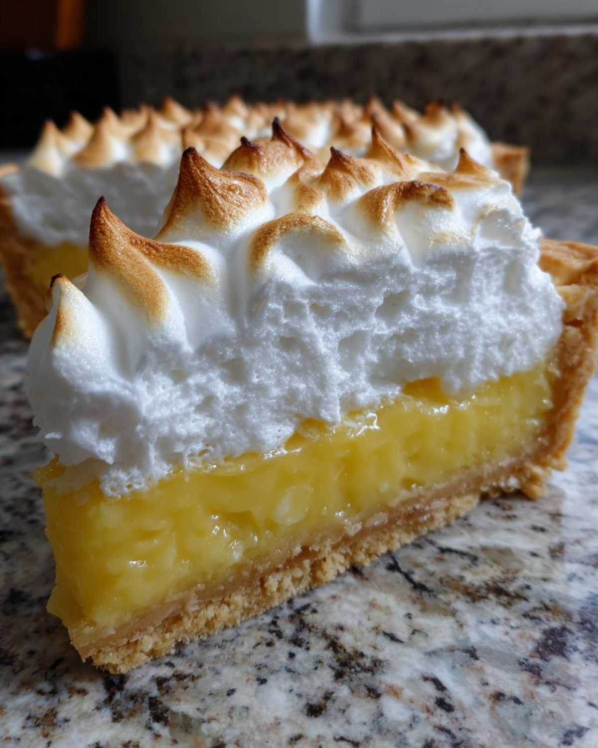 Close-up of a slice of lemon meringue pie showing thick, glossy lemon filling and tall, perfectly toasted meringue peaks.