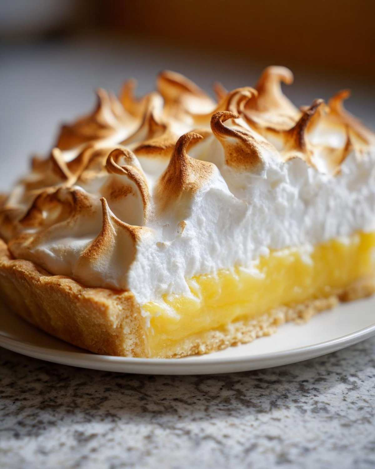 Close-up of a slice of lemon meringue pie showing tall, perfectly torched peaks on the meringue.