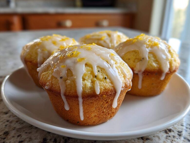 Four golden lemon poppy seed muffins topped with white glaze and lemon zest, resting on a white plate.