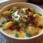 Close-up of a bowl of creamy loaded baked potato soup topped with sour cream, bacon bits, and green onions.