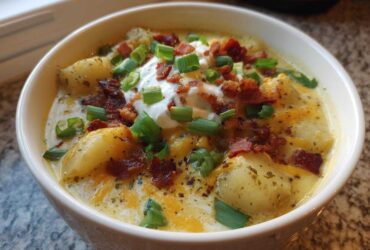 Close-up of a bowl of creamy loaded baked potato soup topped with sour cream, bacon bits, and green onions.