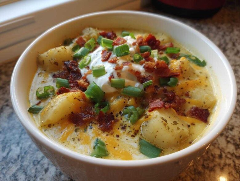 Close-up of a bowl of creamy loaded baked potato soup topped with sour cream, bacon bits, and green onions.