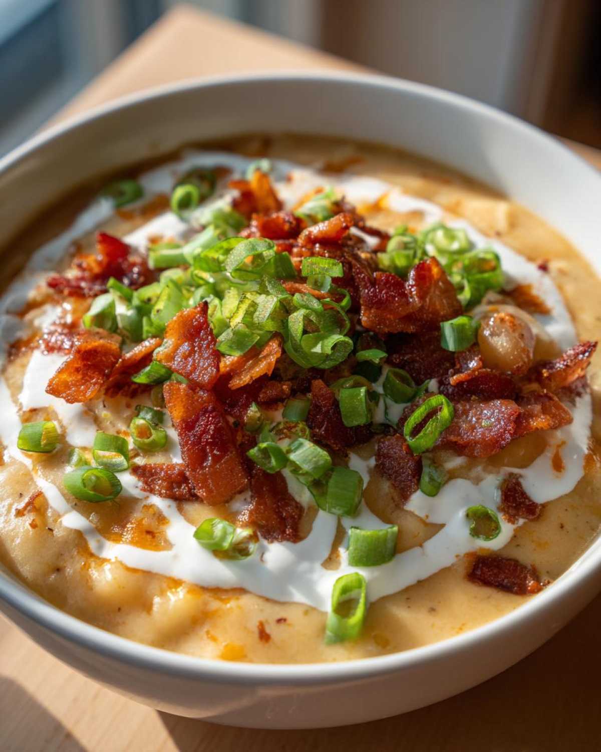 A creamy bowl of loaded baked potato soup topped generously with sour cream, crispy bacon, and fresh green onions.