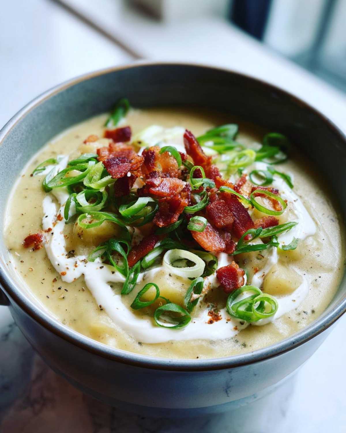 A close-up of a bowl of creamy loaded baked potato soup topped with sour cream, bacon, and green onions.