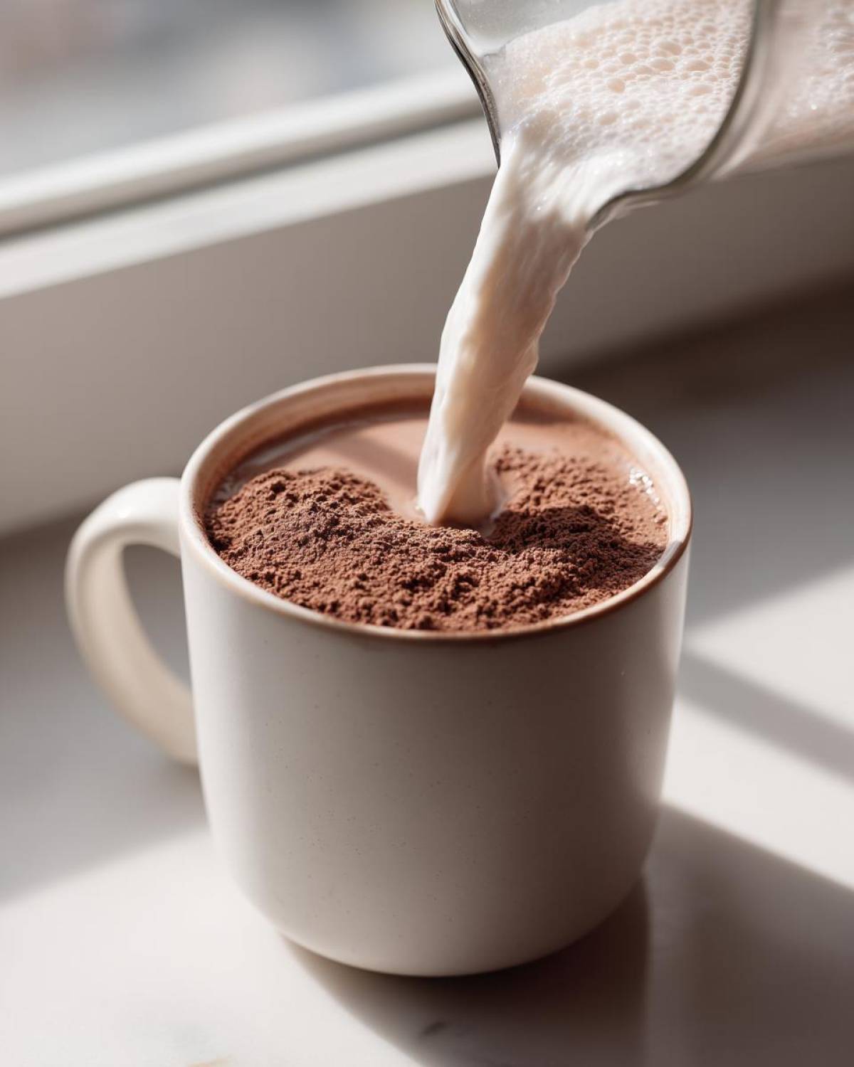 Milk being poured from a glass pitcher onto a mound of rich brown hot cocoa mix powder in a white mug.