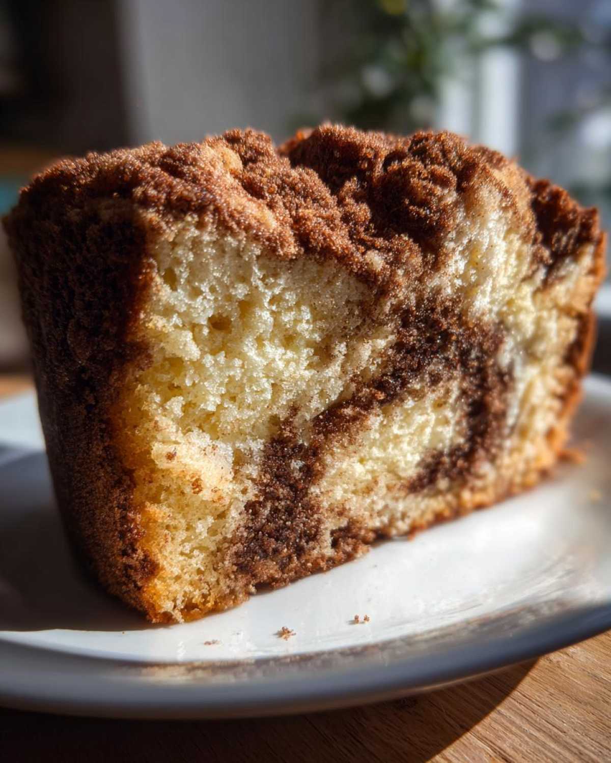 Close-up of a moist slice of sour cream coffee cake featuring vanilla and chocolate swirls and a thick cinnamon streusel topping.