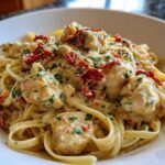 Close-up of creamy Marry Me Chicken Pasta featuring fettuccine, chicken pieces, and sun-dried tomatoes.