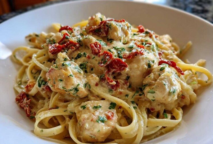 Close-up of creamy Marry Me Chicken Pasta featuring fettuccine, chicken pieces, and sun-dried tomatoes.
