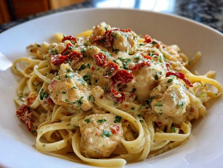 Close-up of creamy Marry Me Chicken Pasta featuring fettuccine, chicken pieces, and sun-dried tomatoes.