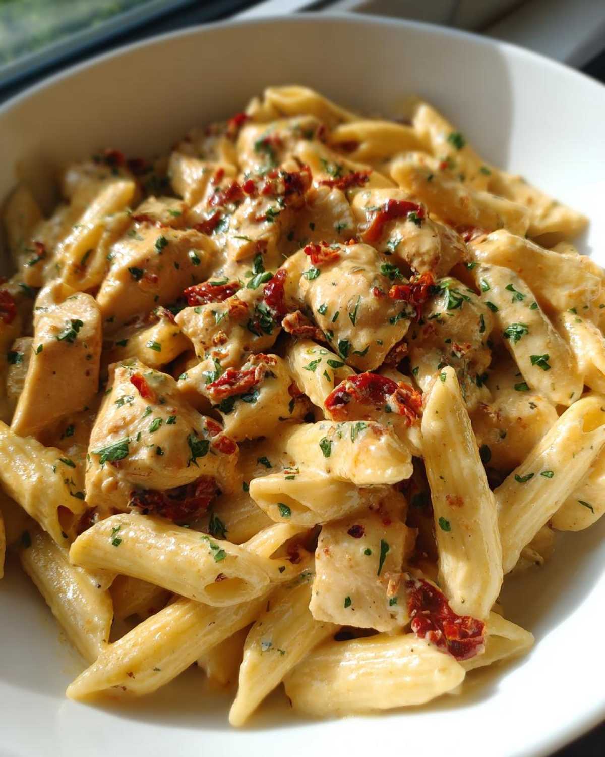 Close-up of creamy marry me chicken pasta featuring penne, chicken pieces, and sun-dried tomatoes.