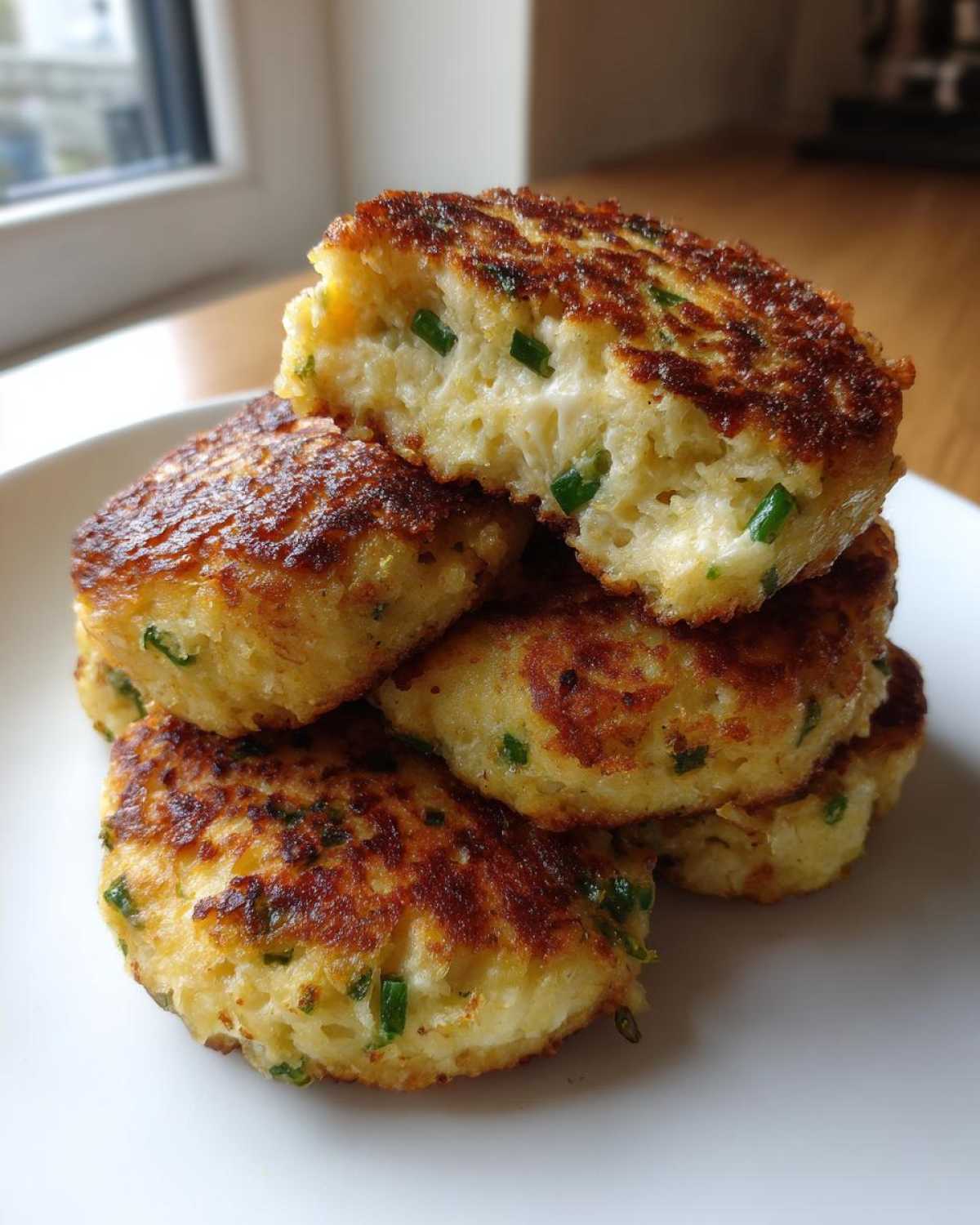 A stack of golden brown, pan-fried mashed potato cakes, one cut open to show the fluffy interior with chives.