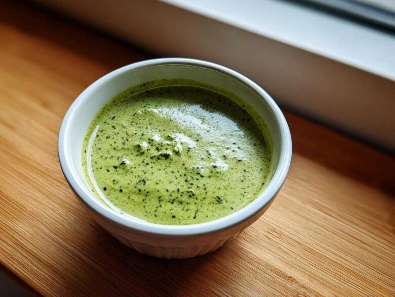 Close-up of vibrant green matcha chia pudding with visible chia seeds in a white bowl.