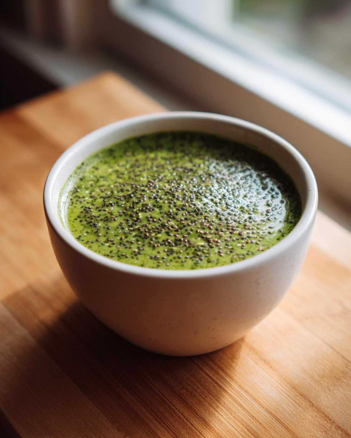 Close-up of vibrant green matcha chia pudding topped with chia seeds in a white bowl.