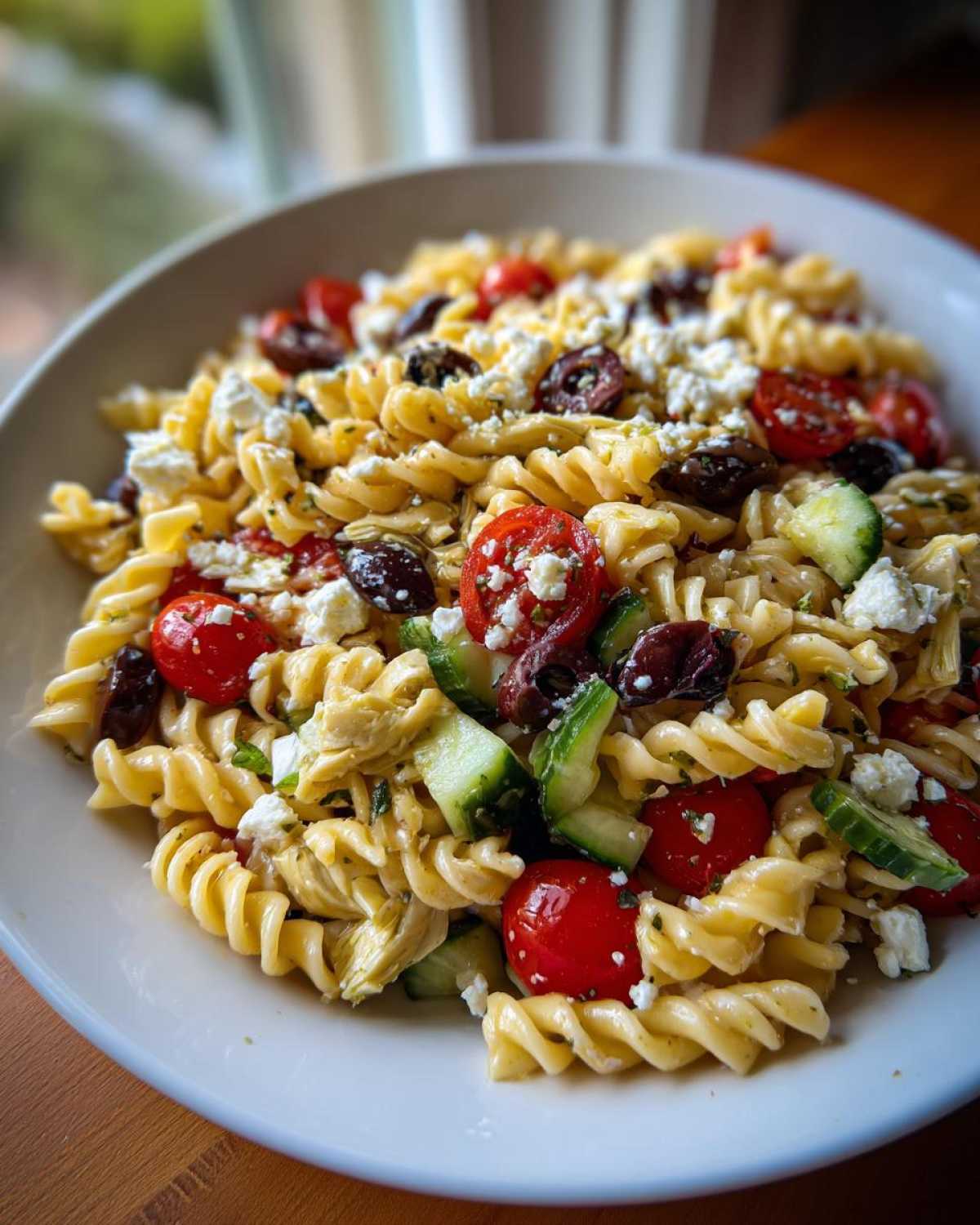Close-up of a bowl filled with Mediterranean pasta salad featuring rotini pasta, cherry tomatoes, cucumbers, olives, and feta cheese.