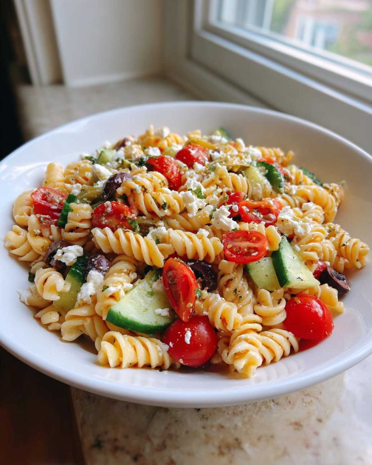 A white bowl filled with Mediterranean pasta salad featuring rotini pasta, cherry tomatoes, cucumber, olives, and feta cheese.