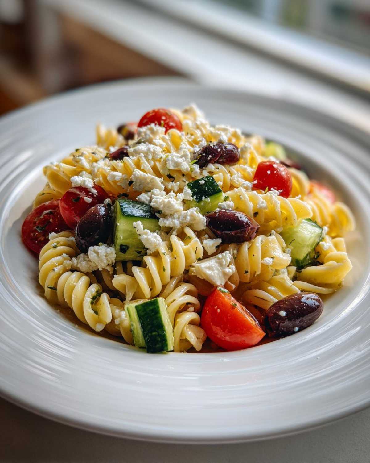A close-up serving of Mediterranean pasta salad featuring rotini pasta, chunks of cucumber, cherry tomatoes, Kalamata olives, and crumbled feta cheese.