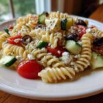 A serving of vibrant Mediterranean pasta salad featuring rotini pasta, cherry tomatoes, cucumber, olives, and feta cheese.