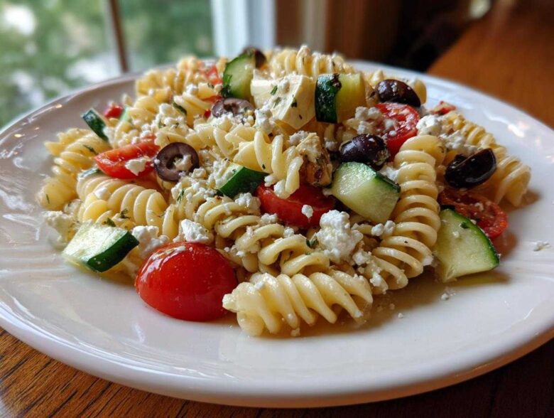 A serving of vibrant Mediterranean pasta salad featuring rotini pasta, cherry tomatoes, cucumber, olives, and feta cheese.