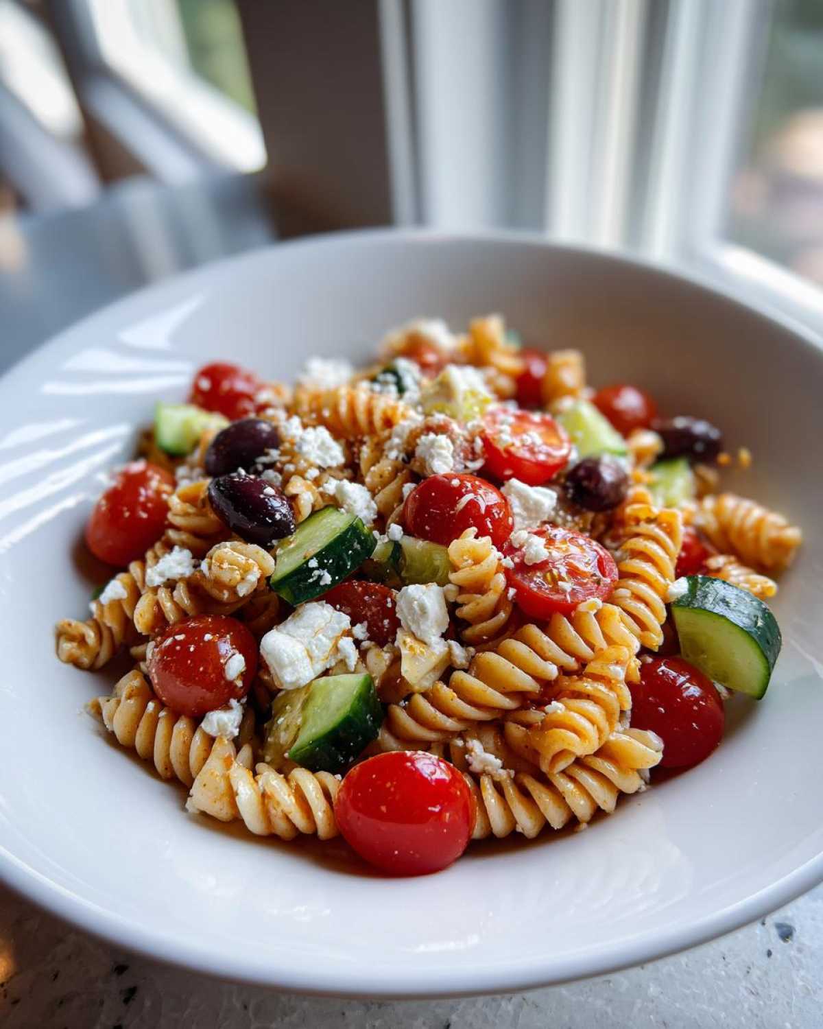 A close-up of a vibrant Mediterranean pasta salad featuring rotini pasta, cherry tomatoes, cucumbers, olives, and feta cheese.