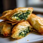 Close-up of baked Mediterranean Spinach and Feta Cheese Crisps showing flaky phyllo dough and green filling.