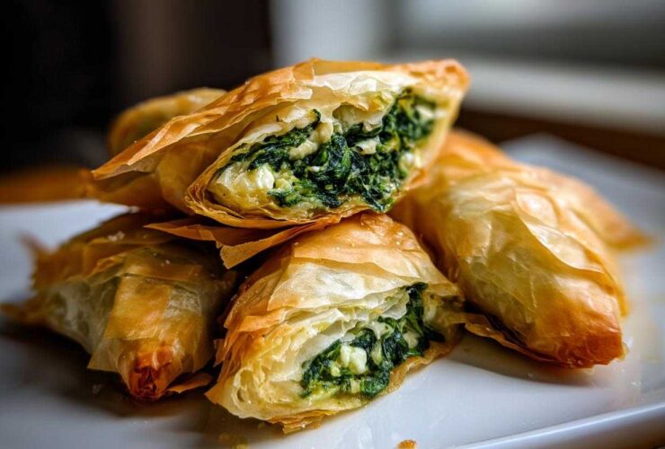 Close-up of baked Mediterranean Spinach and Feta Cheese Crisps showing flaky phyllo dough and green filling.
