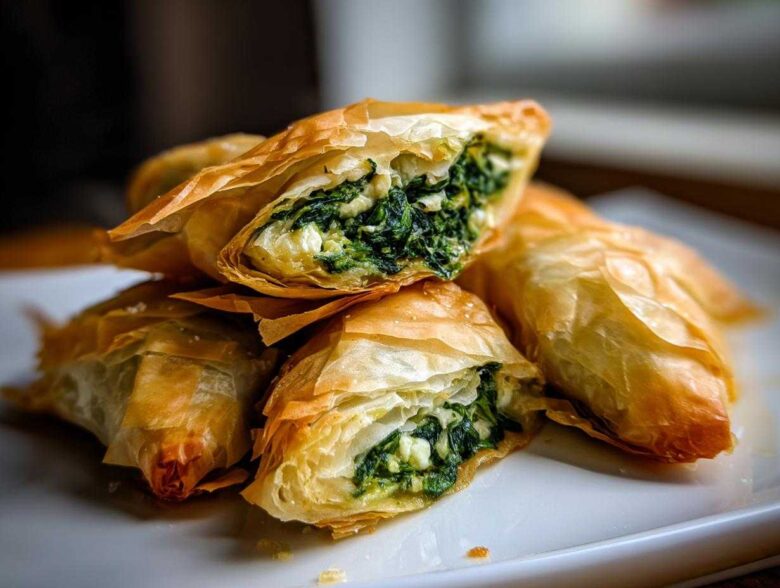 Close-up of baked Mediterranean Spinach and Feta Cheese Crisps showing flaky phyllo dough and green filling.