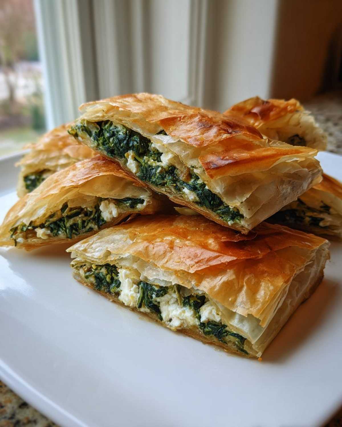 Close-up of flaky, golden Mediterranean Spinach and Feta Cheese Crisps cut into squares and stacked on a white plate.