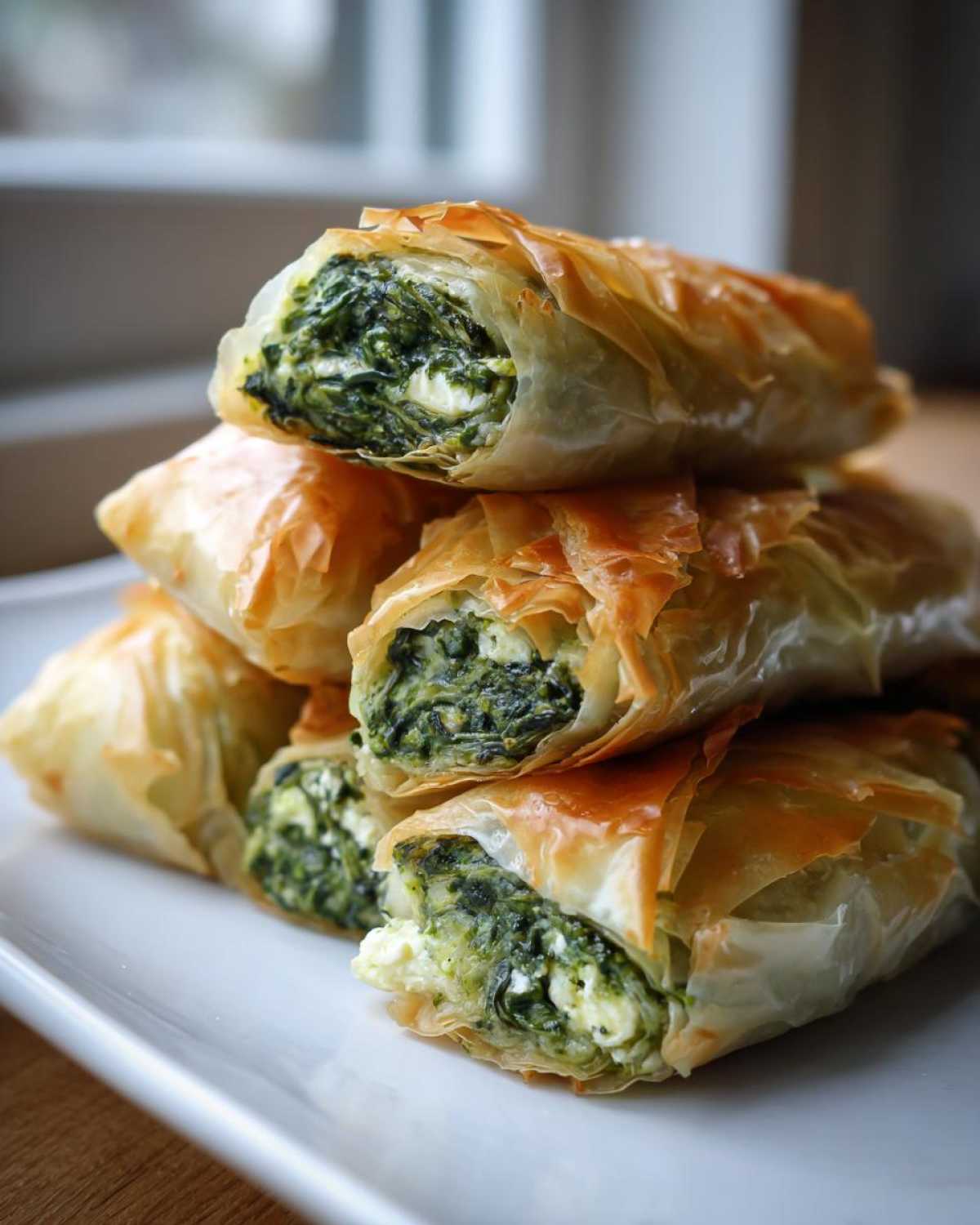 A stack of golden, flaky Mediterranean Spinach and Feta Cheese Crisps cut to show the rich green filling.