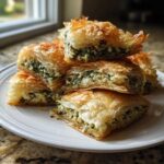 A stack of golden, flaky Mediterranean Spinach and Feta Cheese Crisps on a white plate.