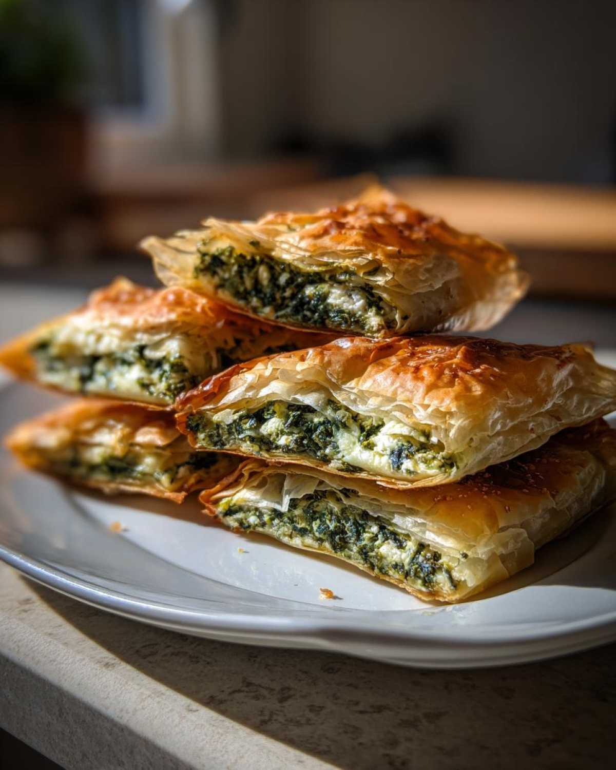 A stack of golden, flaky Mediterranean Spinach and Feta Cheese Crisps cut in half, showing the filling.