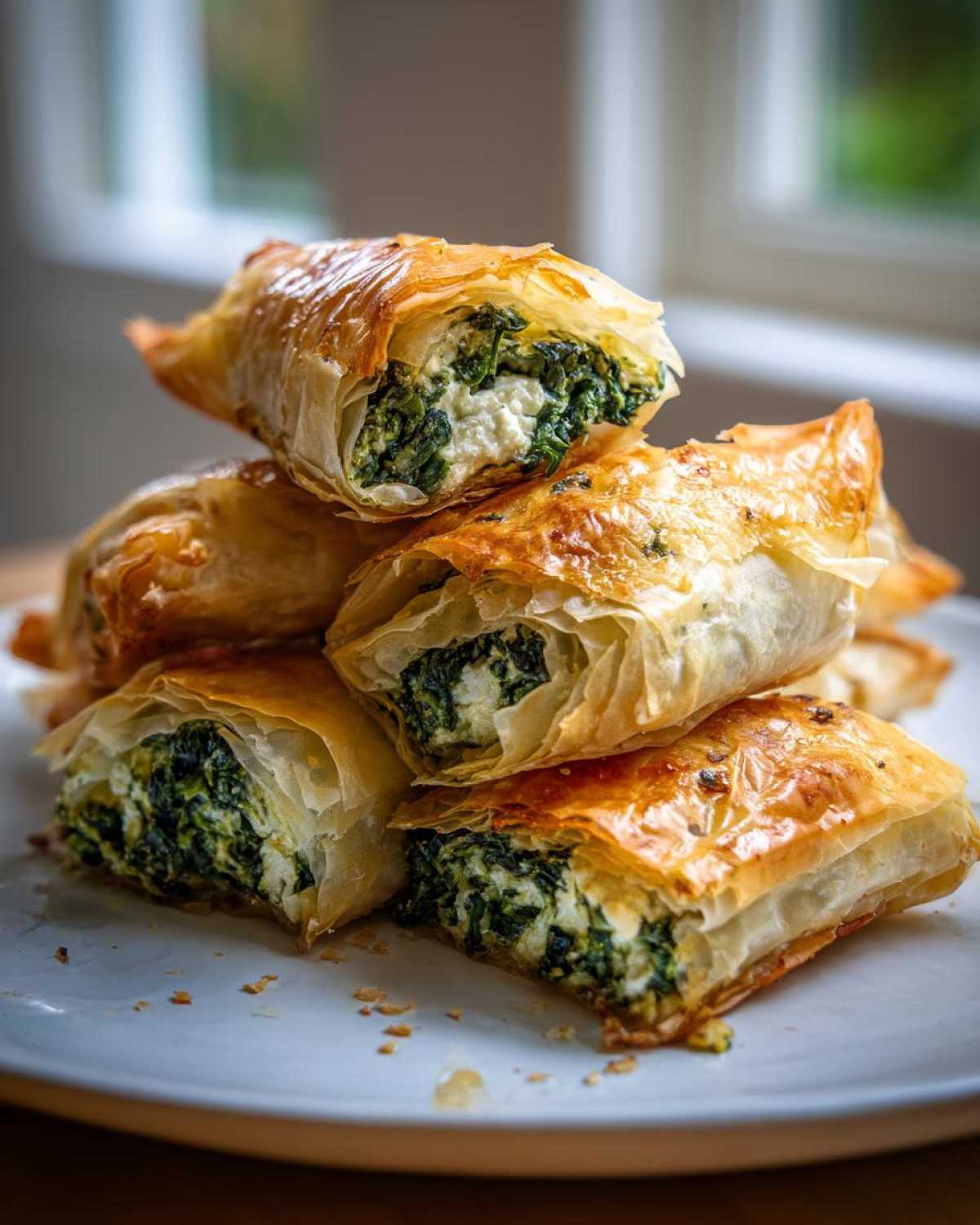 A stack of golden, flaky Mediterranean Spinach and Feta Cheese Crisps cut in half to show the filling.