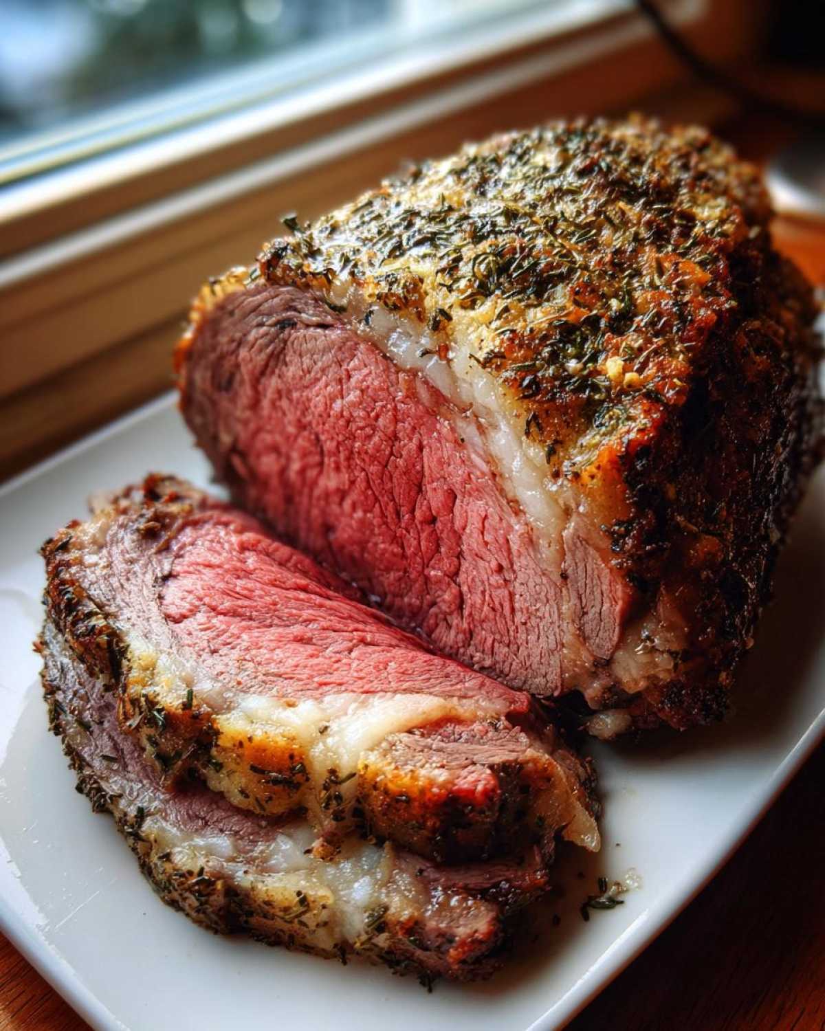 A perfectly cooked medium-rare rib roast, sliced to show the pink center and herb crust.