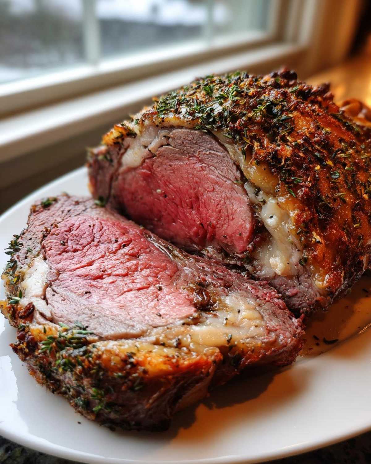 A thick, medium-rare rib roast, sliced to show the pink center and seasoned herb crust.