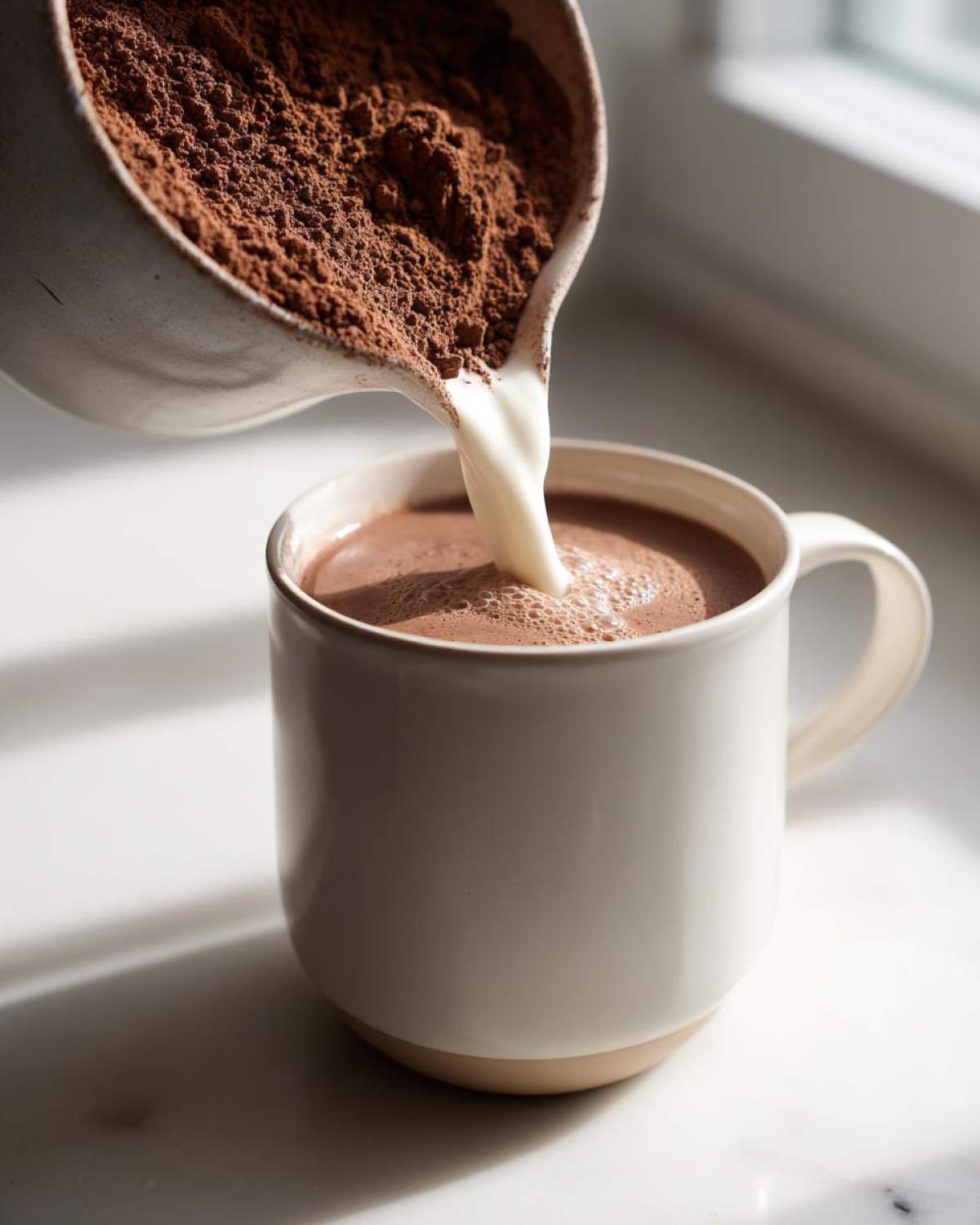 Milk being poured into a mug containing rich brown hot cocoa mix powder, creating a frothy drink.