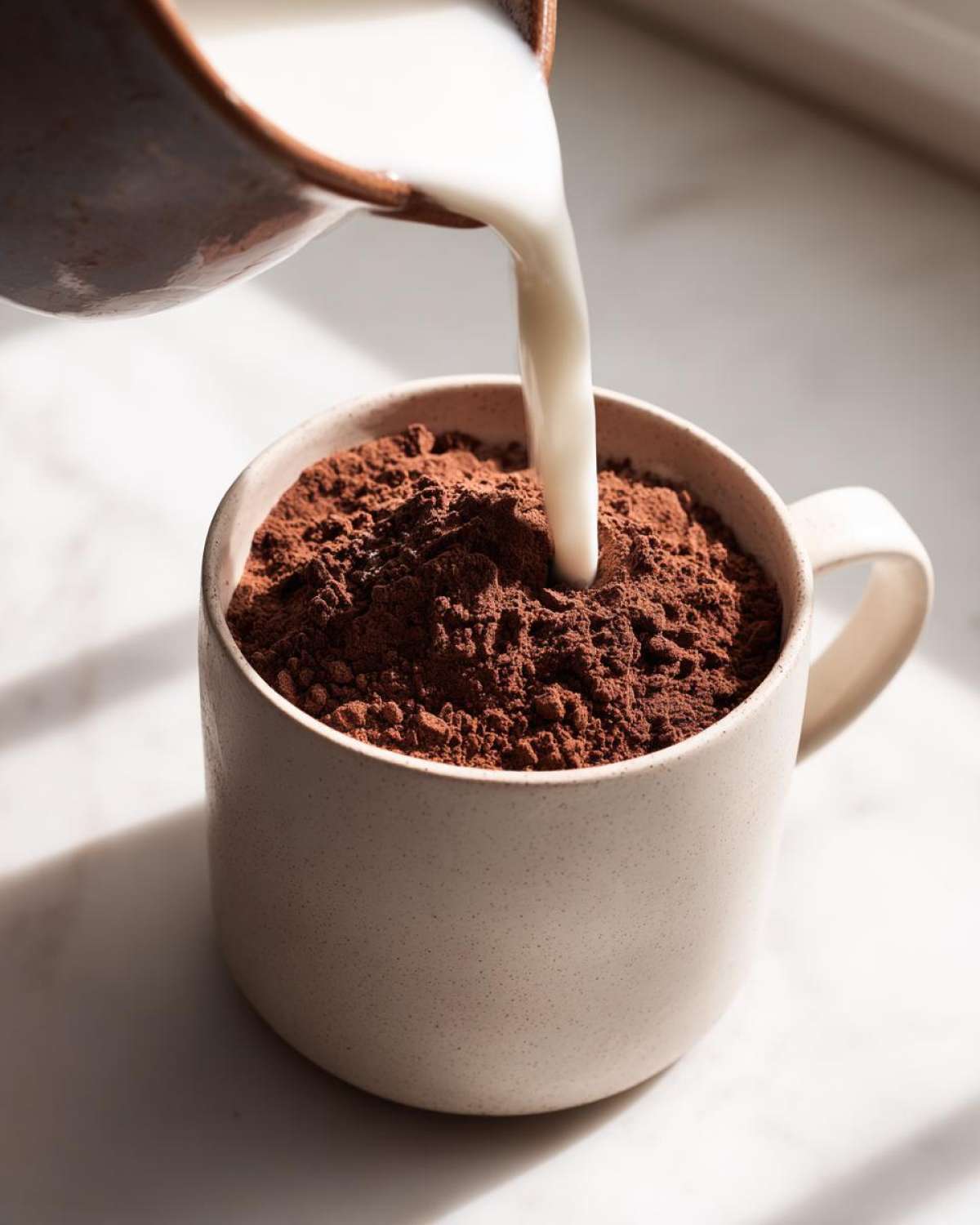 Milk being poured from a small pitcher into a mug filled with rich brown hot cocoa mix powder.