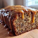 Close-up of a slice of moist apple dapple cake topped with thick caramel sauce dripping down the sides.