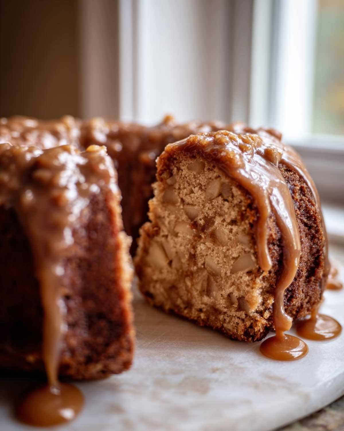A slice cut from a bundt-style apple dapple cake, generously covered in thick caramel sauce.