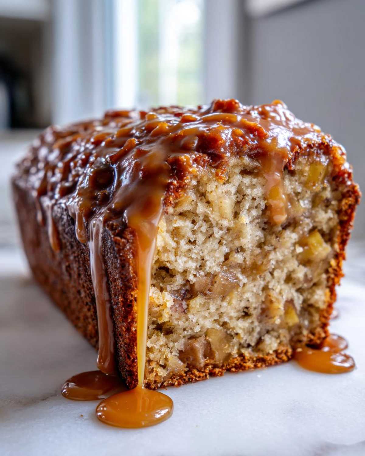 Close-up of a moist apple dapple cake loaf with chunks of apple visible, generously topped with a thick caramel sauce dripping down the sides.