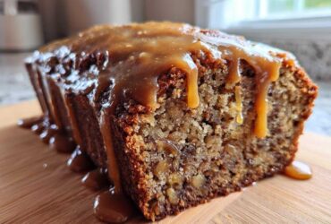 Close-up of a slice of moist apple dapple cake topped with thick caramel sauce dripping down the sides.